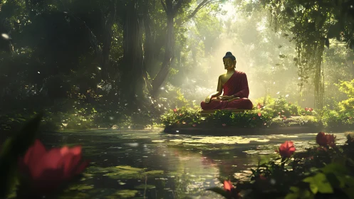 Golden Buddha statue rests beside misty forest pond.