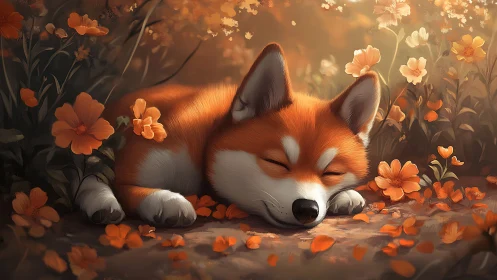 Sleeping fox-like puppy amid soft orange garden flowers.