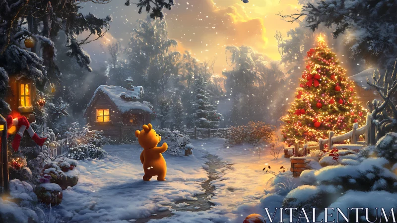 Bear explores snowlit cottage beside glowing Christmas tree.