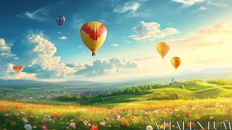 Aerostatic balloons over chromatic meadow and agrarian valley.