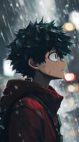 Rain-soaked anime boy in city lights, contemplative gaze.