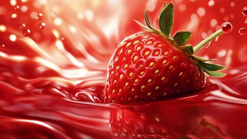 Ripe strawberry floats in glossy red liquid splash scene.