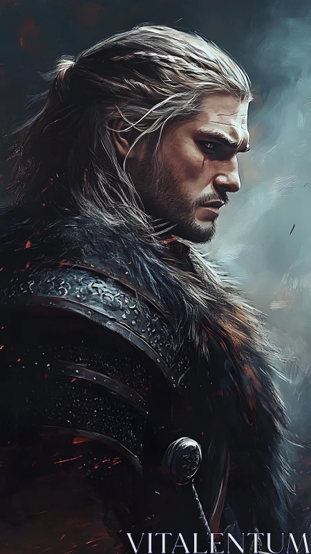 Warrior profile shows scarred face, fur cloak, and armor