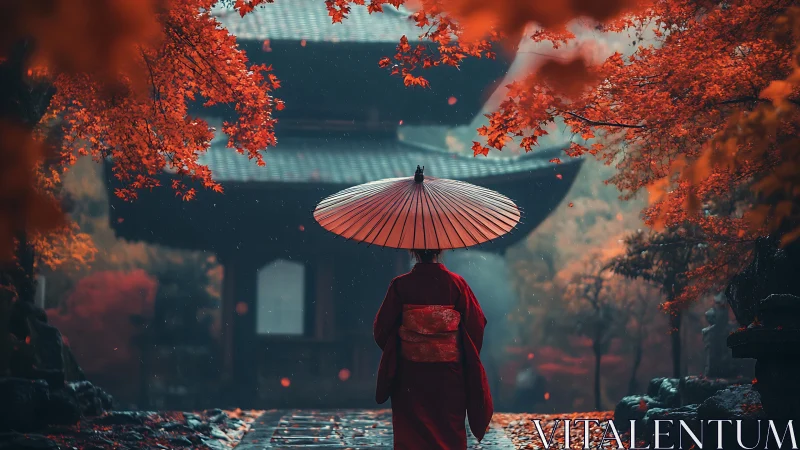 Autumn temple walk beneath a lone umbrella of crimson calm.
