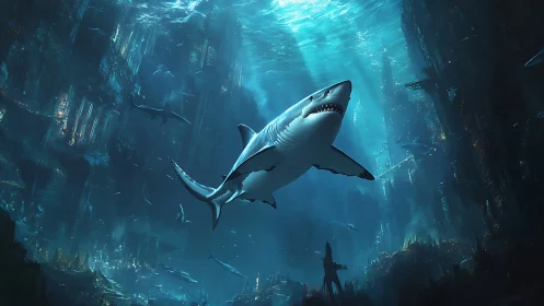 Predator of the drowned metropolis glides through ruins.