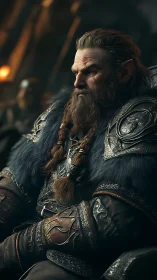 Stoic dwarven warlord broods in a dim stone hall