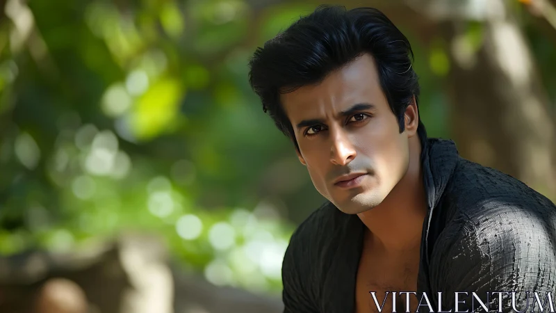 Serious man outdoors with soft green bokeh background.