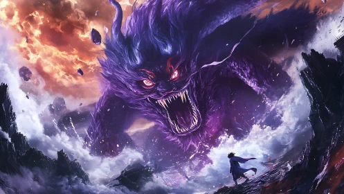 Titanic purple demon towers over lone warrior in storm.