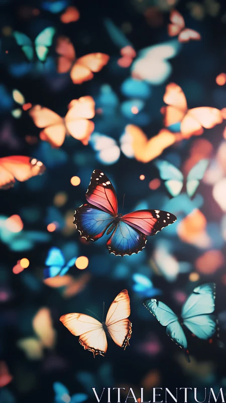 Radiant butterflies drift through a dreamy bokeh night.