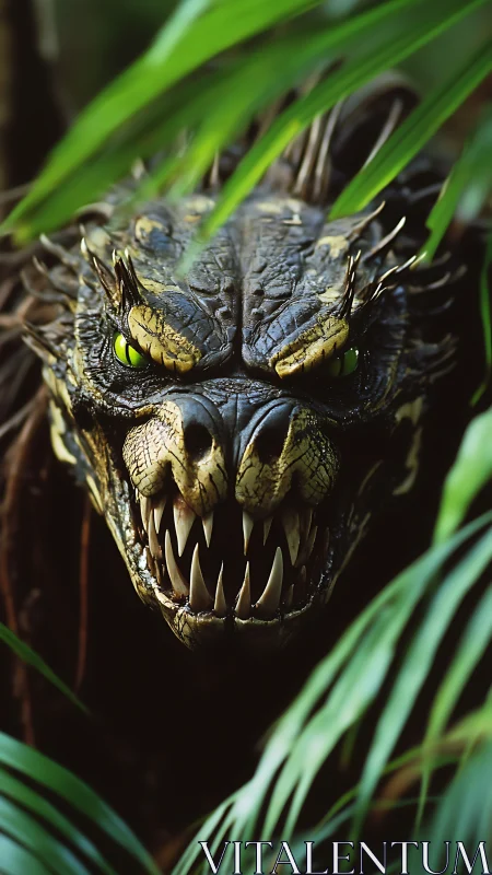 Jungle nightmare dragon peers through leaves with feral glare.