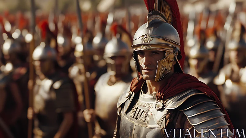 Cinematic close-up of Roman legion officer in formation.