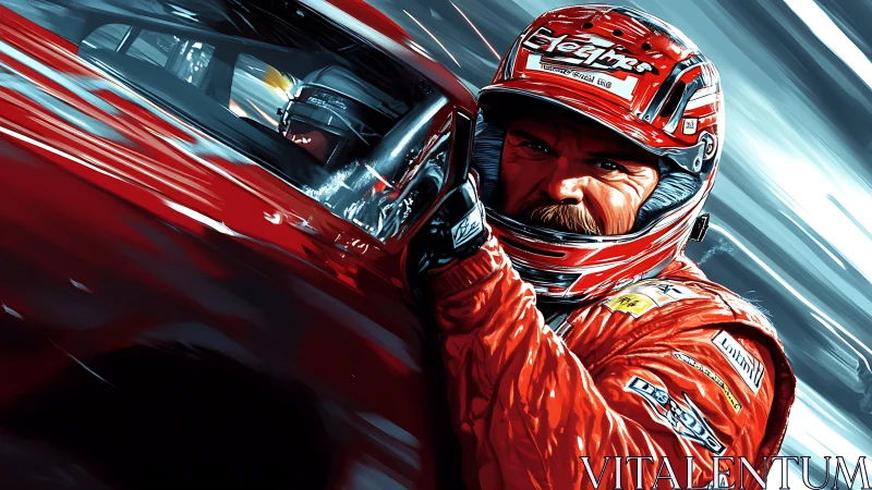 Helmeted race driver beside red car in motion blur.