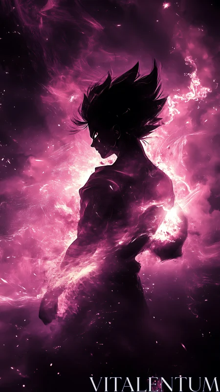 Cosmic warrior silhouette ignites within violet nebula storm.