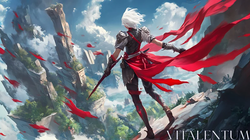 Lone white haired warrior on cliff with red banners.