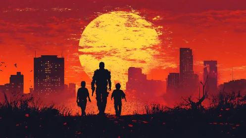 Post-apocalyptic family silhouettes before ruined city sunset