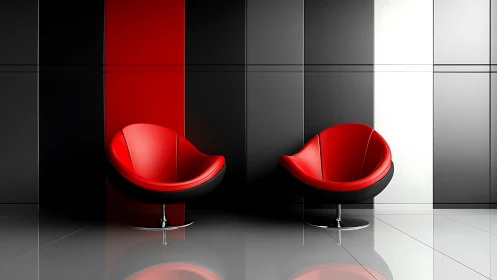 Twin Crimson Pod Chairs Gleam Against Architectural Monochrome