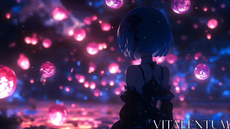 Blue haired girl studies glowing orbs over neon water.