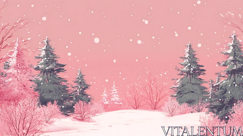 Gentle pink winter forest opens into a softly glowing snowfall