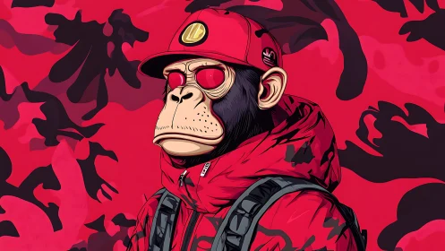 Stylized monkey in red streetwear against camo backdrop.