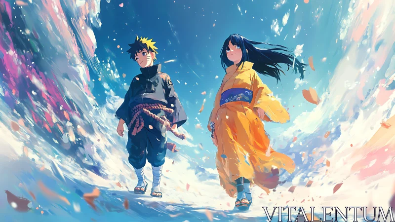 Two wind-walkers cross a sky-swept path of swirling petals