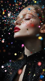 Woman in glitter dress with confetti suspended around face