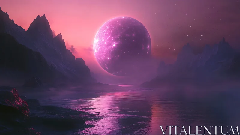 Celestial magenta moon over misted alien shoreline at dusk.