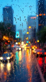 Raindrops on glass obscure defocused urban street lights