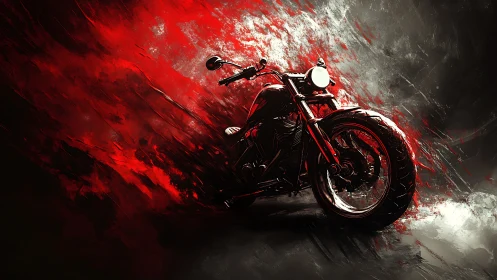 Custom motorcycle on red and black abstract background.