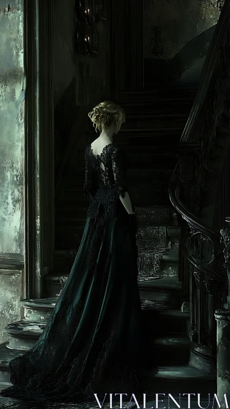 Gothic staircase portrait of woman in black lace evening gown