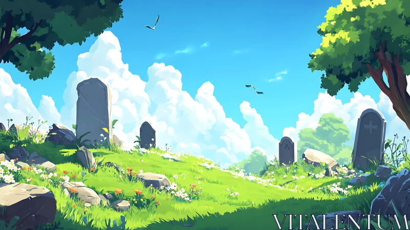 Sunlit hilltop cemetery rests beneath drifting summer clouds.