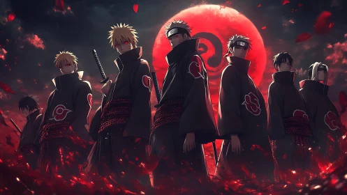 Akatsuki-style shinobi lineup under crimson moonlit sky