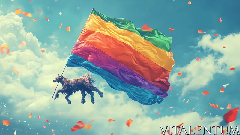 Canine subject airborne with dynamic pride flag under volumetric sky