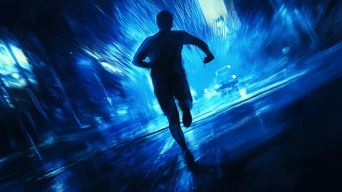 Silhouette of a running figure crosses a wet urban street