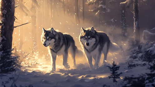 Two grey wolves in backlit winter forest environment.