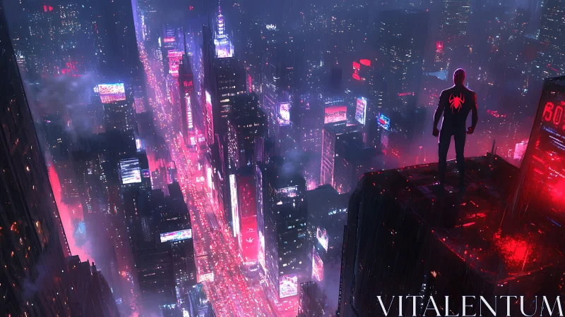 Masked rooftop figure overlooking neon city at night.