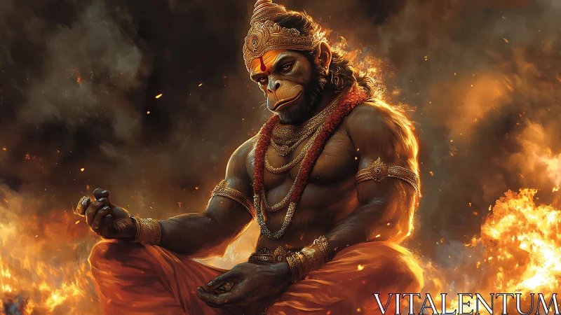 Monkey-headed humanoid deity sits in firelit meditation