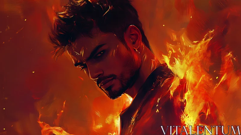 Firelit rebel with a stormy gaze in swirling embers.