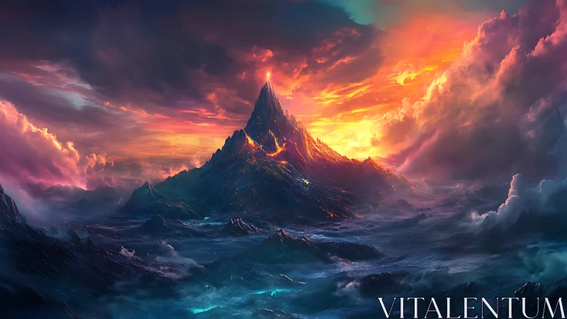 Volcanic spire erupts through storm-tossed ocean under chromatic sky