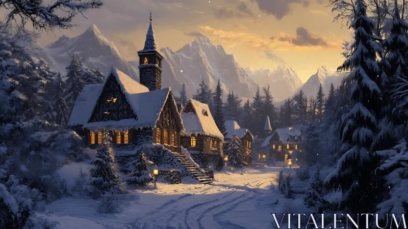 Snow-covered mountain village with lit stone cottages at dusk.