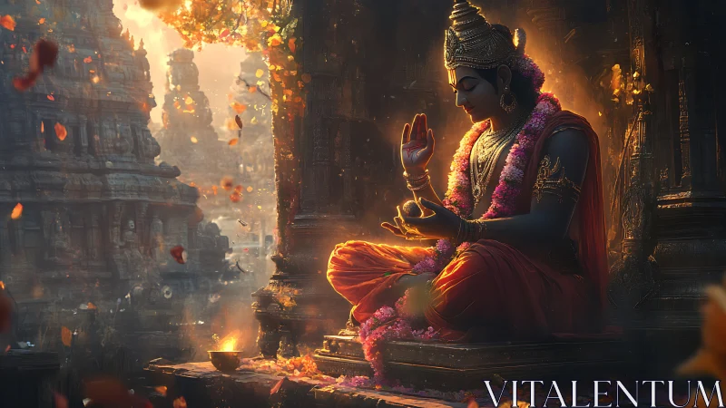 Serene Hindu deity statue in sunset-lit temple courtyard.