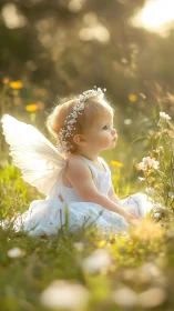 Gentle fairy child gazes at sunlit meadow in quiet wonder