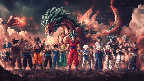 Fiery anime warriors assemble beneath a blazing cosmic dragon.