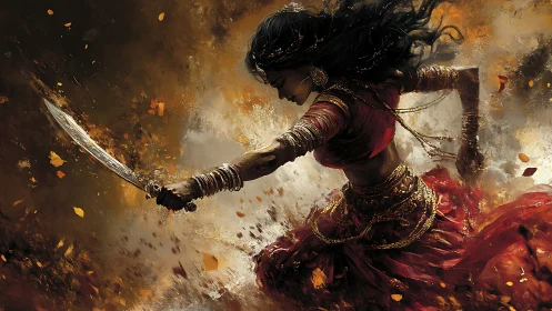 Whirling warrior dances through embers with a burning blade