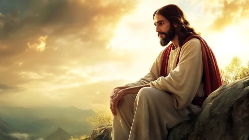 Gentle figure resting in golden mountain evening light.