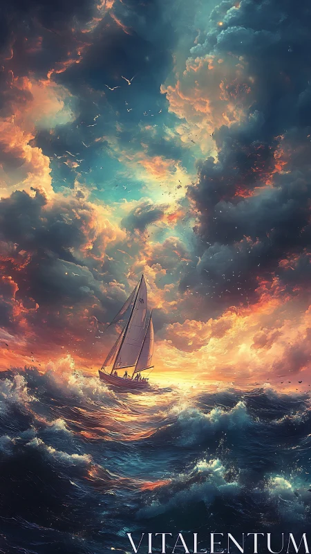 Storm-lit sailboat cutting through iridescent ocean waves.