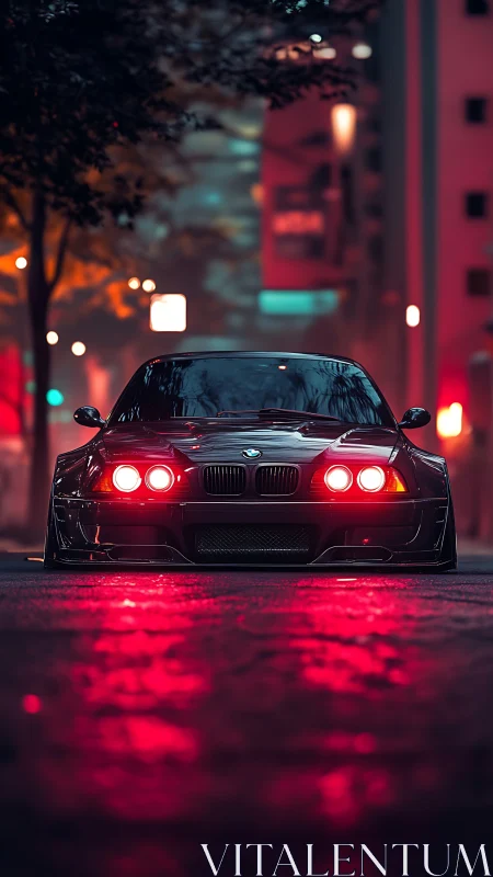 Midnight street BMW glows with bold neon red reflections