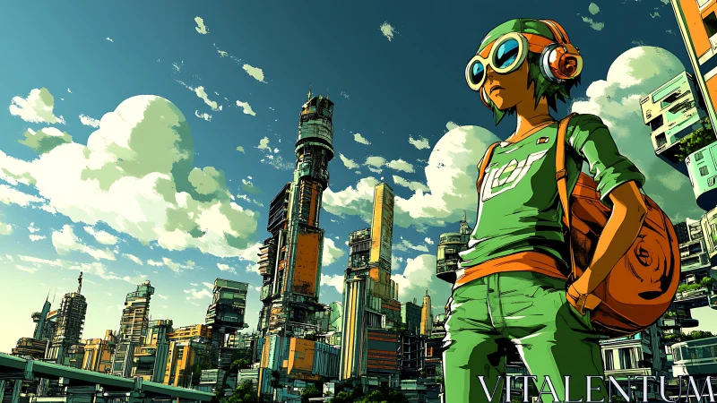 Neon city scout with headphones surveys layered skyline.