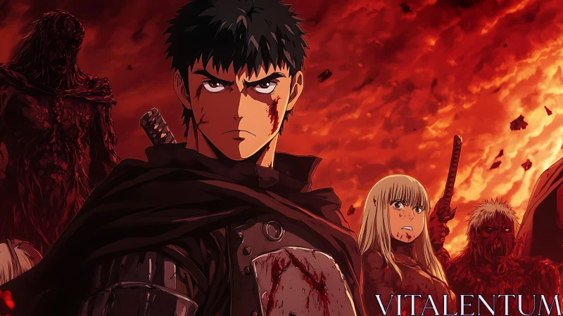 Bloodied anime swordsman leads group in burning hellscape.