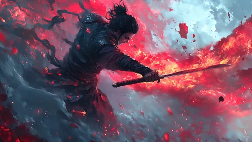 Swordmaster cleaves blazing storm with crimson arc.