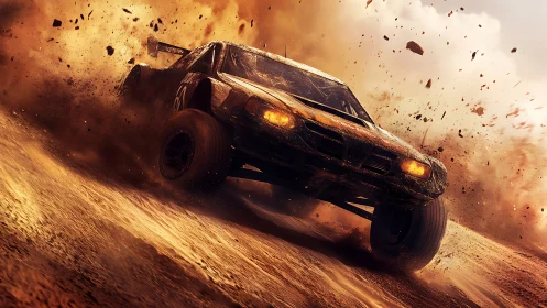 Off road rally car slams dirt, hurling dust and debris.